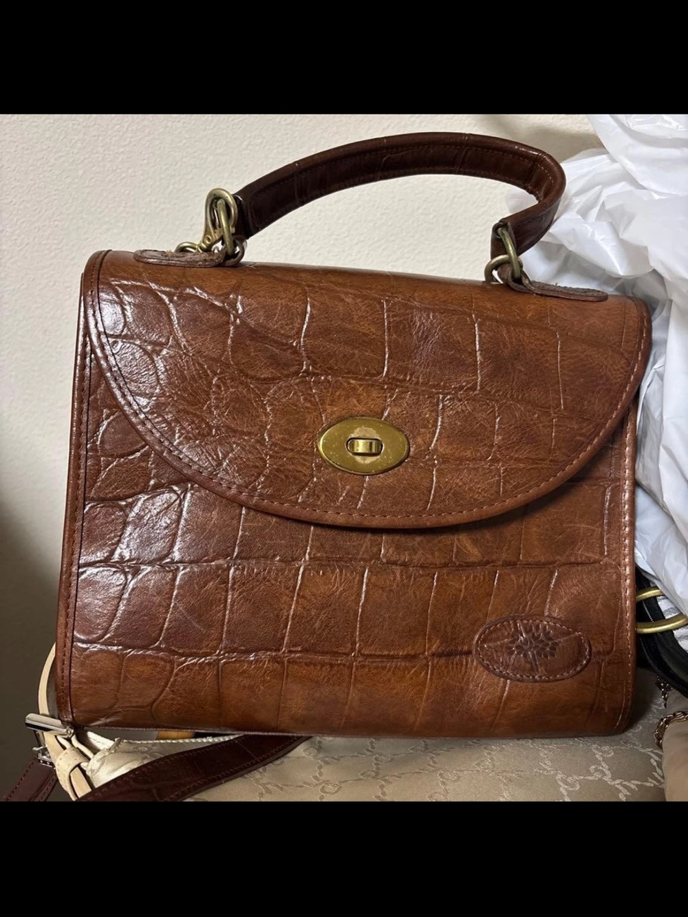 Mulberry Croc-Embossed Tan Brown Leather Satchel
